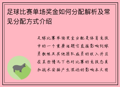 足球比赛单场奖金如何分配解析及常见分配方式介绍