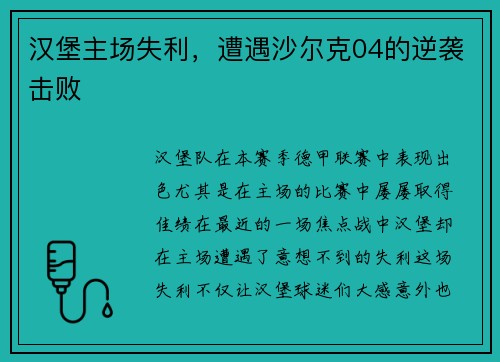 汉堡主场失利，遭遇沙尔克04的逆袭击败