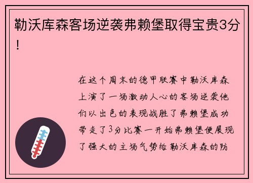 勒沃库森客场逆袭弗赖堡取得宝贵3分！